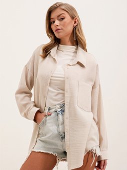 Tek Cepli Oversize Keten Krem Gömlek