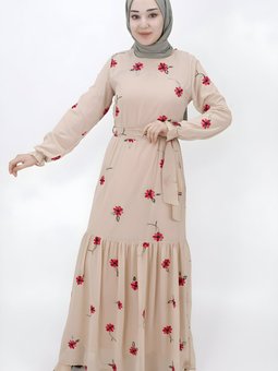 Bej Nakış Modelli Şifon Elbise