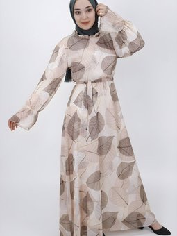 Bej Yaprak Desenli Şifon Büzgü Detaylı Elbise