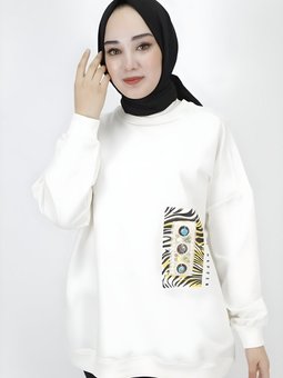 Ekru İki İp Kumaş Oversize İnci Ve Baskı Detaylı Tunik