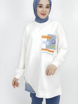 Ekru Nakış Detaylı İp Kumaş Sweatshirt Tunik