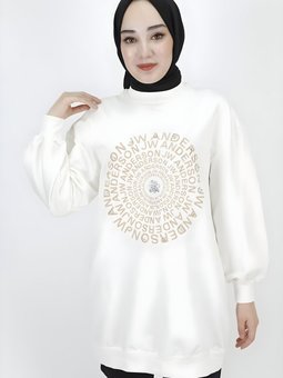 Ekru Sweatshirt İp Kumaş Nakış Taş Detaylı Tunik