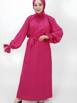 Fuşya Balon Kol Çiçek Aksesuar Detaylı Elbise