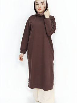 Kahverengi İp Kumaş Kapüşonlu Yırtmaç Detaylı Tunik