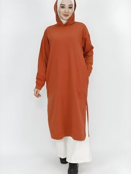 Kiremit İp Kumaş Kapüşonlu Yırtmaç Detaylı Tunik