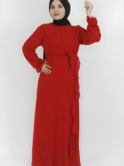 Kırmızı Şifon Kumaş Fırfır Detaylı Abiye Elbise