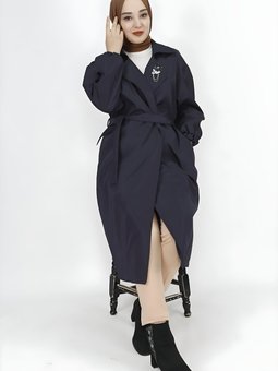 Lacivert Orta Boy Bondet Kumaş Broş Detaylı Trençkot