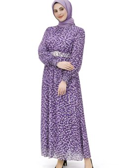 Lila Fırça Desenli Şifon Elbise