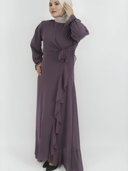 Lila Şifon Kumaş Fırfır Detaylı Abiye Elbise