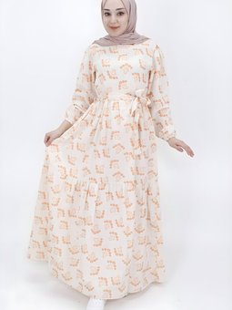 Oranj Çiçek Desenli Keten Kumaş Elbise