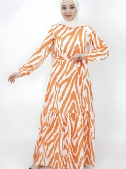 Oranj Zebra Desenli Şifon Elbise