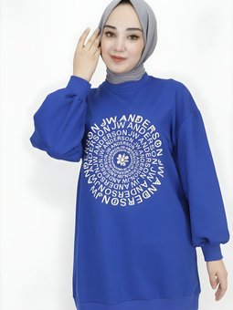 Saks Mavisi İki İp Kumaş Nakış Taş Detaylı Tunik