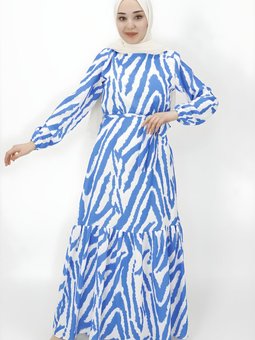 Saks Mavisi Zebra Desenli Şifon Elbise