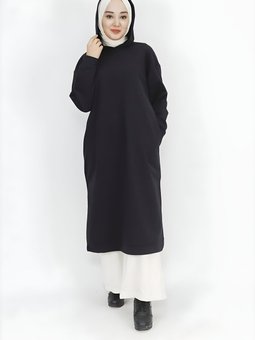 Siyah Kapüşonlu İp Kumaş Yırtmaç Detaylı Tunik