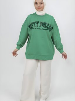 Yeşil Boncuk Nakış Detaylı 2 İplik Tunik
