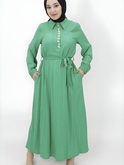 Yeşil Bürümcük Taş Detaylı Elbise