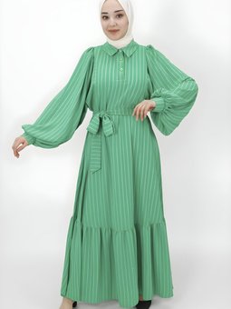 Yeşil Çizgi Desenli Balok Kol Elbise