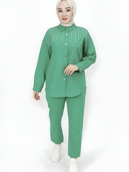 Yeşil Gabardin Kumaş Taş Detaylı İkili Takım