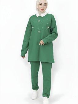 Yeşil Gömlek Yaka İnci Taş Detaylı İki İp Takım