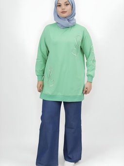 Yeşil İki İplik İnci Taş Detaylı Tunik