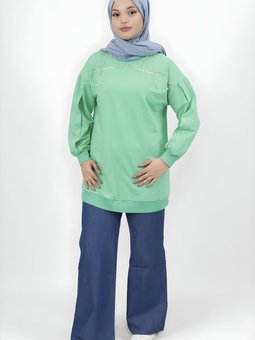 Yeşil İki İplik Taş İnci Çakmalı Tunik