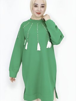 Yeşil İp Kumaş İnci Püskül Detaylı Tunik