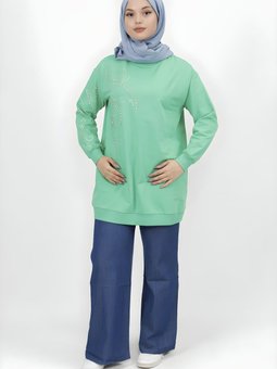 Yeşil İplik Taş Detaylı Tunik