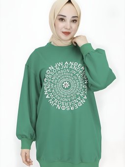Yeşil Nakış Yazı Taş Detaylı Sweatshirt Tunik