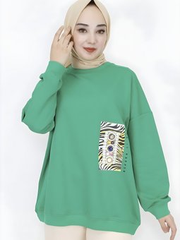 Yeşil Oversize İnci Ve Baskı Detaylı Tunik