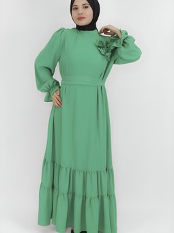 Yeşil Salaş Çiçek Detaylı Elbise