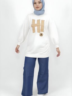 Beyaz İplik Kumaş Taş Ve Yazı Detaylı Tunik