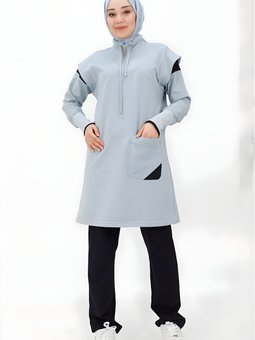 Buz Mavi İkili İki İplik Cepli Fermuarlı Takım