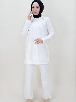 Ekru Taş Baskılı İkili İki İplik Kumaş Takım