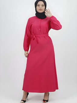 Fuşya Keten Kemerli Düğmeli Elbise