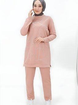 Pudra İkili İki İplik Kumaş Taş Şerit Detaylı Takım