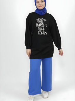 Siyah İnci Ve Nakış Detaylı İplik Kumaş Tunik