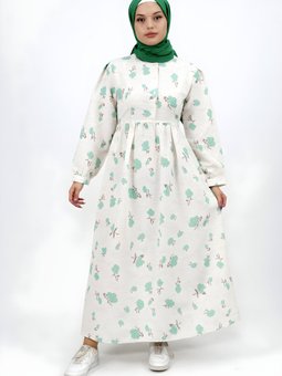 Yeşil Dijital Desenli Keten Düğmeli Elbise