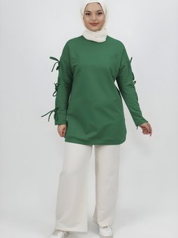 Yeşil İki İplik Kolu Bağlama Detaylı Tunik