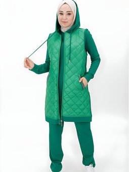 Yeşil İki İplik Kumaş Yelekli Üçlü Takım