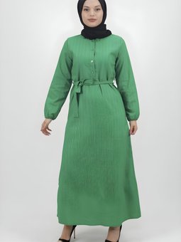 Yeşil Keten Kumaş Kemerli Düğmeli Elbise