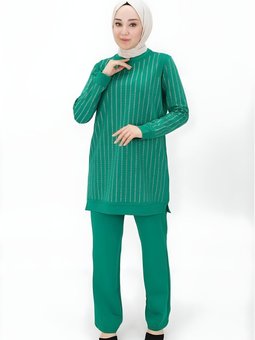 Yeşil Taş Baskılı İkili İki İplik Kumaş Takım