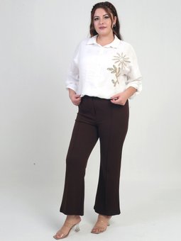 Beli Lastikli En Boy Likralı Örme Krep Çımalı Büyük Beden Palazzo Kahverengi Pantolon