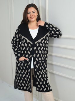 Cepli Geometrik Desen Büyük Beden Uzun Triko Taş Hırka Siyah