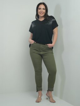 Dar Paça Taş Ve Püskül Detaylı Likralı Büyük Beden Kanvas Haki Pantolon