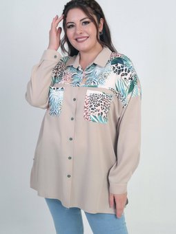 Düşük Kollu Çift Cepli Desenli Büyük Beden Bej Gömlek