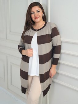 Enine Kalın Çizgili Büyük Beden Kahverengi Hırka