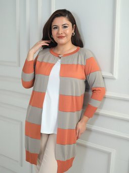 Enine Kalın Çizgili Büyük Beden Oranj Hırka