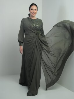 Haki Üstü Pul Boncuk İşlemeli Astarlı Beli Çiçekli Büyük Beden Uzun Şifon Abiye Elbise