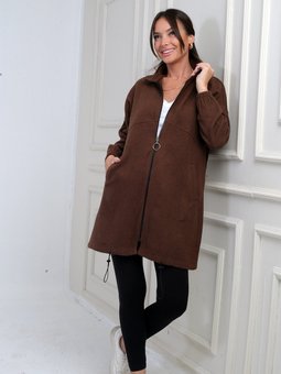 Kahverengi Önü Fermuarlı Altı Lastikli Cepli Uzun Kaşe Mont