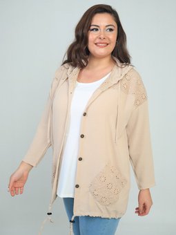 Kapüşonlu Önü Düğmeli Cepli Fistolu Büyük Beden Bej Hırka